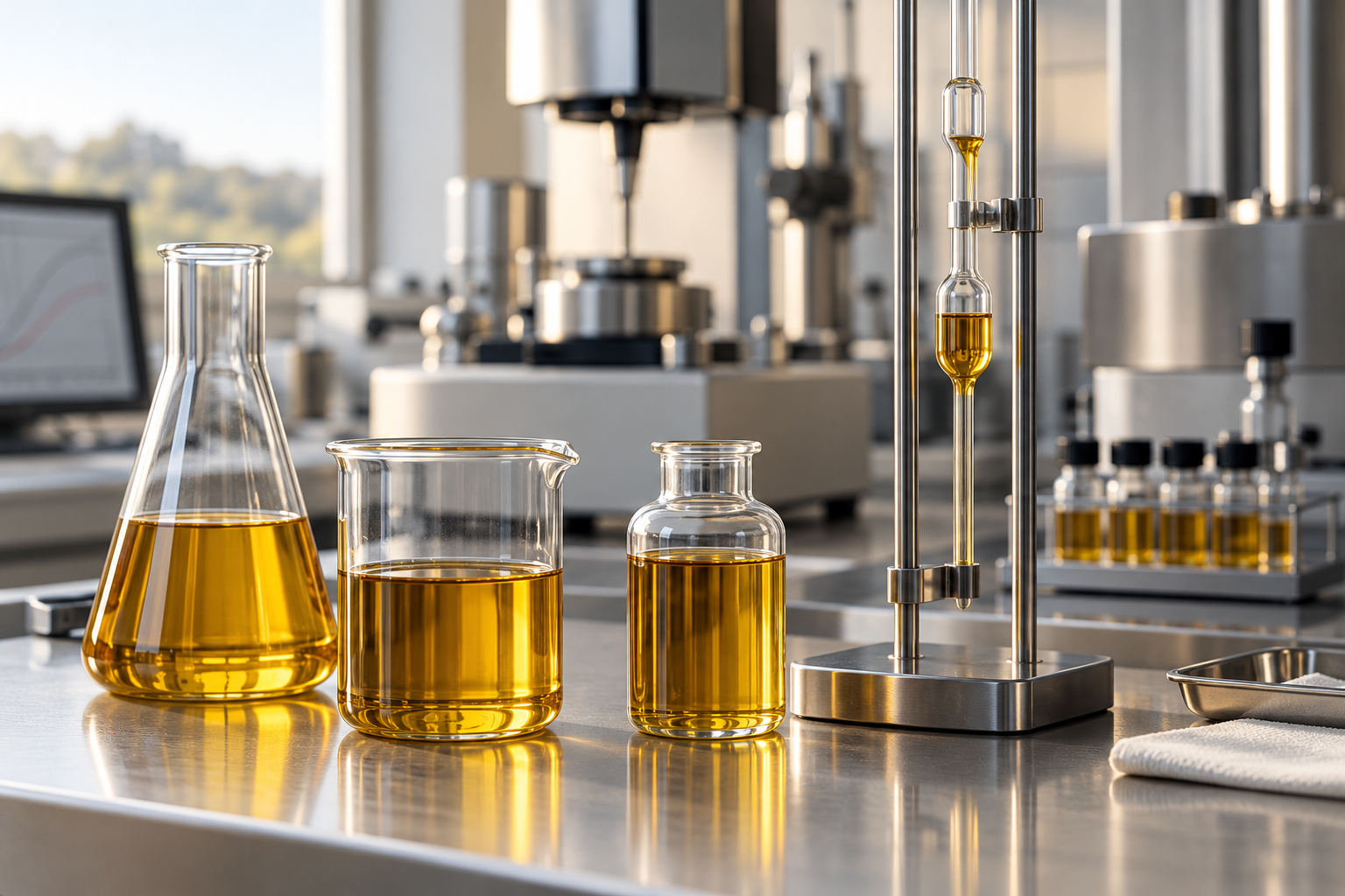 Illustrative lubricant testing equipment and amber oil samples